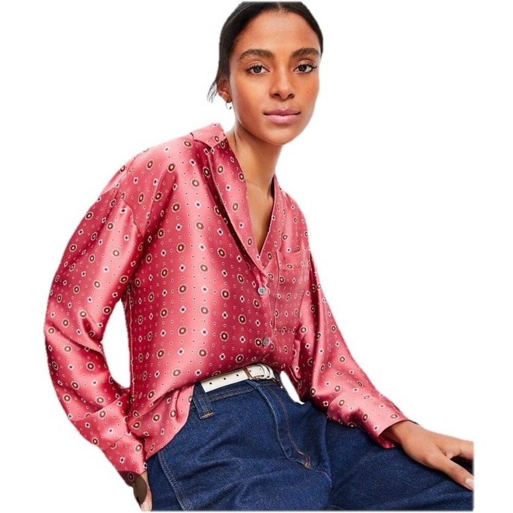 NWT LOFT Floral Foulard Lapel Satin button front shirt Sz XS Oversized Preppy